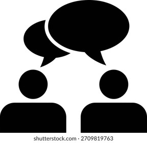A clear vector icon depicting two stylized individuals engaged in dialogue, with speech bubbles above their heads. Perfect for communication concepts and interaction.