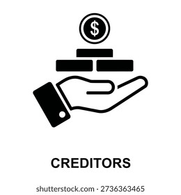 A clear vector icon showing a hand supporting bricks topped with coins, with a dollar coin at the very top, symbolizing creditors, financial support, or loans.