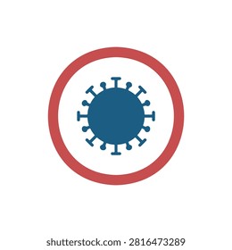 A clear vector illustration depicting a blue coronavirus or COVID-19 particle enclosed within a bold red warning circle on a white background. This graphic symbolizes the global pandemic, infectious disease, health risks, and the importance of prevention and safety measures. Ideal for public health campaigns, medical information, and cautionary signage.