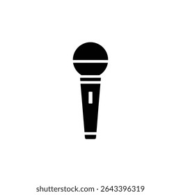 A clear vector illustration displays a black microphone with a round head and handle, sharply contrasting against a clean white backdrop, perfect for design projects.