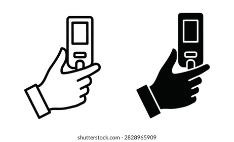 A clear vector illustration featuring a hand holding a remote control device offered in both outline and solid glyph styles. This icon signifies inte