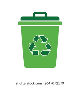 A clear vector illustration of a green recycling bin with the universal recycling symbol, representing waste management, sustainability, and environmental care
