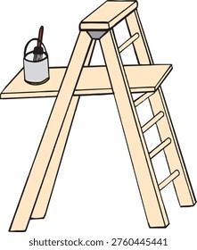 A clear vector illustration of a light-colored wooden A-frame step ladder featuring an integrated shelf. A silver paint bucket with green paint and a brush sits on the shelf, ready for a home improvement project. This graphic is ideal for themes related to interior painting, DIY renovation, and professional maintenance services.