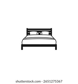 Una Ilustración vectorial clara muestra un ícono de cama negro detallado con almohadas, sobre un fondo blanco, perfecto para varios proyectos de diseño y creativos.