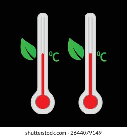 A clear vector illustration of a thermometer with a rising red mercury level and a green leaf, symbolizing global warming, climate change, and environmental concerns.