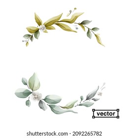 Clear vector wreath in watercolor style with leaves and flowers. White background with bouquet elements, botanical foliage illustration. Vintage herbal semicircle.