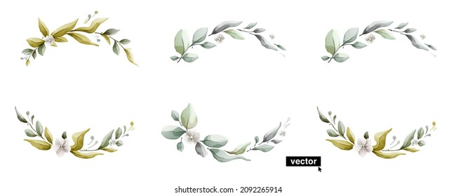 Clear vector wreath in watercolor style with leaves and flowers. White background with bouquet elements, botanical foliage illustration. Vintage herbal semicircle.