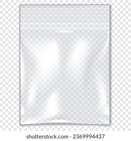 Clear vinyl double zipper pouch on transparent background vector mockup. Plastic bag with strong zip lock mock-up. PVC envelope sleeve ziplock package template