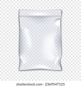 Clear vinyl resealable zipper pouch on transparent background vector mockup. Blank empty plastic bag with zip lock mock-up. PVC envelope sleeve zipper package template