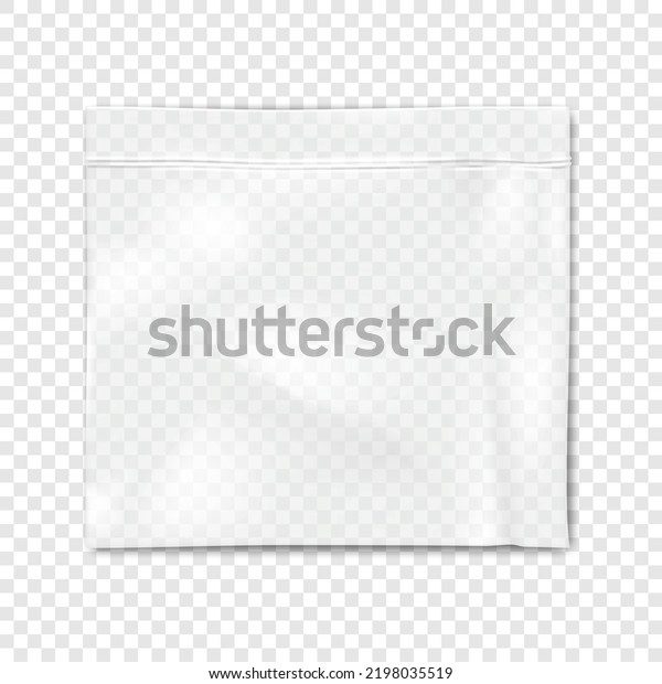 Clear vinyl resealable zipper pouch on\
transparent background vector mockup. Blank empty square plastic\
bag with zip lock\
mock-up