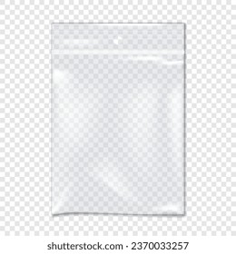 Clear vinyl zipper pouch with hanging hole realistic vector mockup. Transparent reclosable plastic bag with zip lock mock-up. PVC ziplock package template