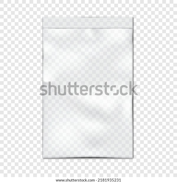 Clear vinyl zipper\
pouch on transparent background vector mock-up. Blank empty plastic\
bag with zip lock mockup
