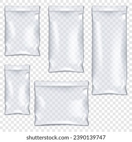 Clear vinyl zipper pouch vector mockup set. Transparent plastic bag with zip lock mock-up kit. PVC envelope sleeve resealable package template