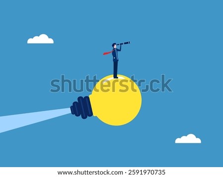 Clear vision, Businessman looking through telescope on light bulb rocket