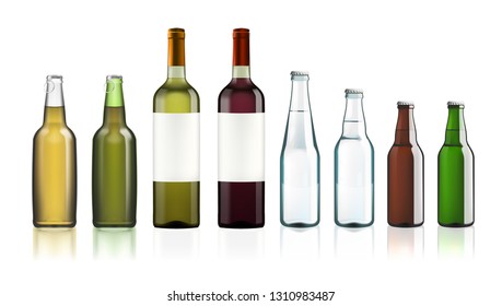 Clear Water Or Beer Glass Bottles Set Isolated On White. EPS10 Vector