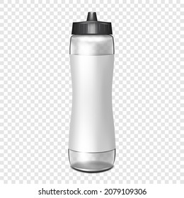 Clear water bottle with blank white label on transparent background. Vector mockup. Empty fitness sport flask mock-up