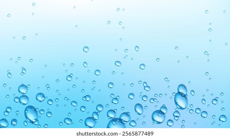 Clear water bubbles scattered on blue background create fizzy pattern. Various sized droplets float reflecting light. Backdrop for beverage marketing, spa materials or fresh drink advertisements.