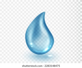 Clear water drop isolated on transparent background. Vector realistic droplet for design. Blue bubbles, elements cosmetic spa droplet