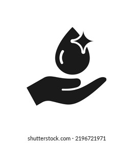 Clear water drop on hand icon flat style isolated on white background. Vector illustration