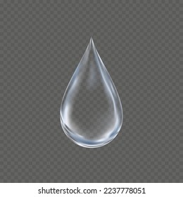 Clear Water drop on transparent in gray colors. Vector isolated Transparency Single Blue shiny Rain drop,Element Design for concept of Ecology and World Water day 