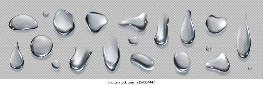 Clear water drops, dew or dripping rain droplets isolated on transparent background. Vector realistic set of pure aqua liquid flows, condensation on cool surface