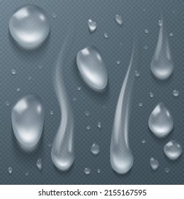 Clear water drops, dew or dripping rain droplets isolated on transparent background. Vector realistic set of pure aqua liquid flows, condensation on cool surface