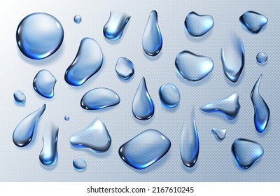 Gotas de agua transparentes, rocío o gota de lluvia aisladas en un fondo transparente. Conjunto vectorial realista de flujos líquidos acuáticos puros, condensación en superficie fría