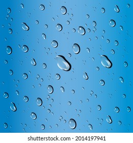 El agua transparente cae sobre el fondo azul. Patrón de lluvia en la ventana. Gotas de agua en la superficie de vidrio. Ilustración vectorial realista