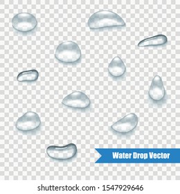 Clear water drops realistic set. Vector illustration.