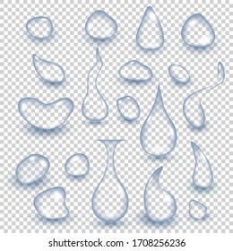 Clear water drops realistic set isolated on a transparent background. Vector illustration