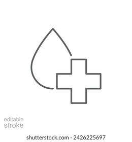 Icono de agua clara. Estilo de contorno simple. Además, agua de gota, médica, emergencia, infusión, adición, cruz, naturaleza, concepto de salud. Símbolo de línea fina. Ilustración vectorial aislada. Trazo editable.