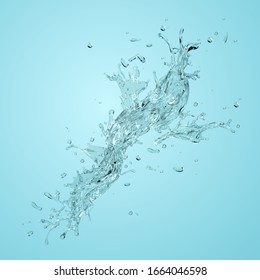 Clear water splashes effect on blue background in 3d illustration