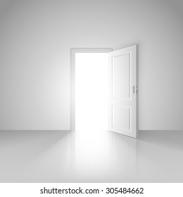 Clear white room with opened door to the beautiful new mystic world background image design vector stock eps 10 illustration