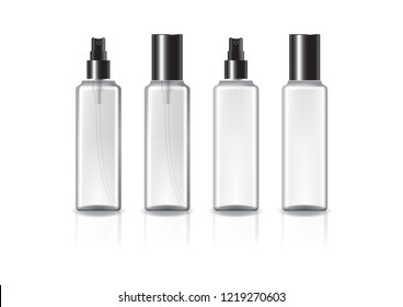 Clear and white square cosmetic bottle with black spray head for beauty or healthy product. Isolated on white background with reflection shadow. Ready to use for package design. Vector illustration.