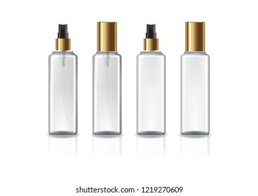 Clear and white square cosmetic bottle with gold spray head for beauty or healthy product. Isolated on white background with reflection shadow. Ready to use for package design. Vector illustration.