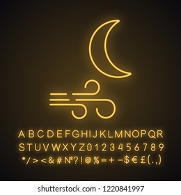 Clear windy night neon light icon. Wind at night. Weather forecast. Glowing sign with alphabet, numbers and symbols. Vector isolated illustration
