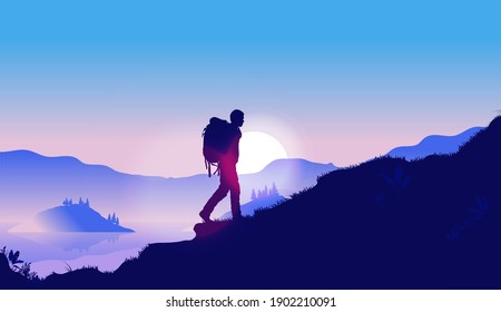 Clear your mind by walking in nature - Silhouette of man walking with backpack up hill, with sunrise in background. Vector illustration.