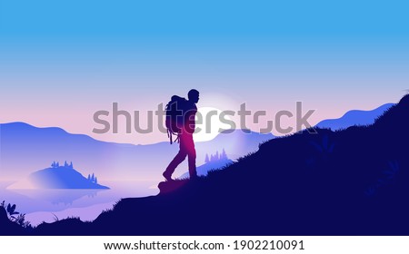 Clear your mind by walking in nature - Silhouette of man walking with backpack up hill, with sunrise in background. Vector illustration.