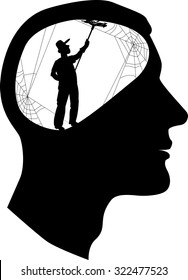 Clear your mind. Male profile with a silhouette of a person, cleaning cobweb inside the brain, vector illustration, EPS 8, no white objects