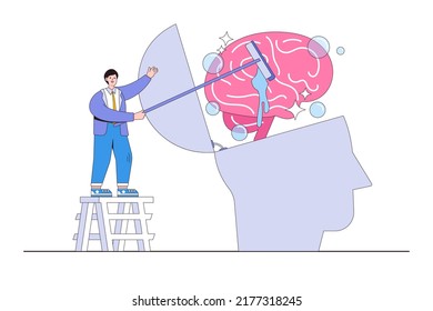 Clear your mind to recover focus, increase your creative thinking capacity, and expand your memory concepts illustrations. Ambitious businessman wash and clean the brain in his big head, brainwashing.