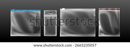 Clear zip lock bag set with transparent plastic and colored seals for storage. Resealable pouches with blue, white and red closure strips and hanging hole for retail or food packaging purposes.
