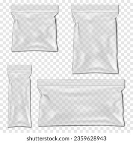 Clear zip lock plastic bag vector mock-up set. Transparent zipper vinyl envelope package. Ziplock seal PVC pouch. Various sizes mockup kit