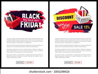 Clearance badges template, creative label, shopping basket on web poster. Price Tag on Black Friday sale with store cart and gift box in dotted paper