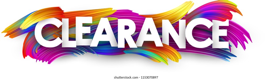 Clearance banner with spectrum brush strokes on white background. Sales and promotion template. Colorful gradient brush design. Vector paper illustration.