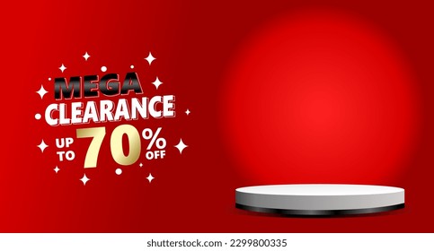 Promoción de plantillas de banner de limpieza con fondo rojo en el espacio de copia de podio 3D. mega venta hasta 70 por ciento de oferta especial publicidad web. Ilustración vectorial del anuncio de evento de descuento de compras