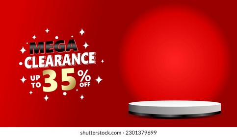 Promoción de plantillas de banner de limpieza con fondo rojo en el espacio de copia de podio 3D. mega venta hasta un 35 por ciento de oferta especial publicidad web. Ilustración vectorial del anuncio de evento de descuento de compras
