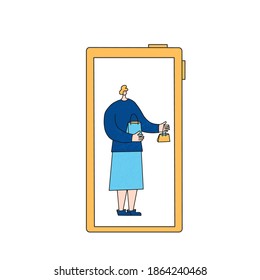 Clearance concept. Female character with shopping bag and gift package isolated on white background. Woman dressed in casual trendy clothes standing alone on phone screen. Vector illustration