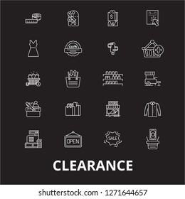 Clearance editable line icons vector set on black background. Clearance white outline illustrations, signs, symbols