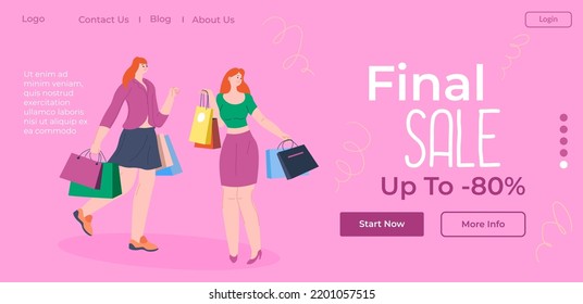 Clearance and final sale up to eighty percents, start now and get more information. Shopping buying clothes in stores. Website landing page template, online internet site. Vector in flat style