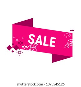 Clearance geometric banner template in the form of ribbons. Abstract geometric background of pink color. Promotional badge for your design. Vector illustration